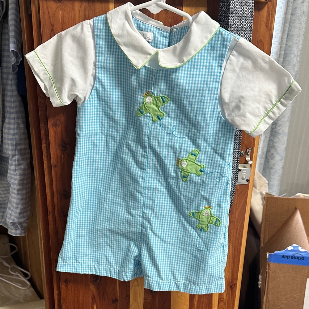 Petit Ami Blue and White Gingham Romper